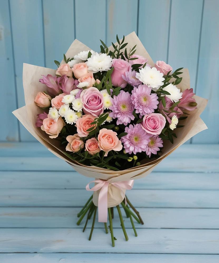 Букет цветов из: Хризантемы, Розы и Альстромерии в Истобном