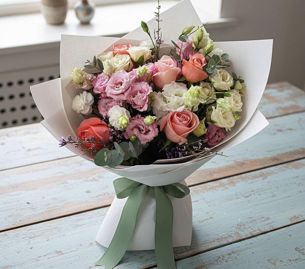 Букет цветов из: Розы, Лизиантусы и Гвоздики в Истобном