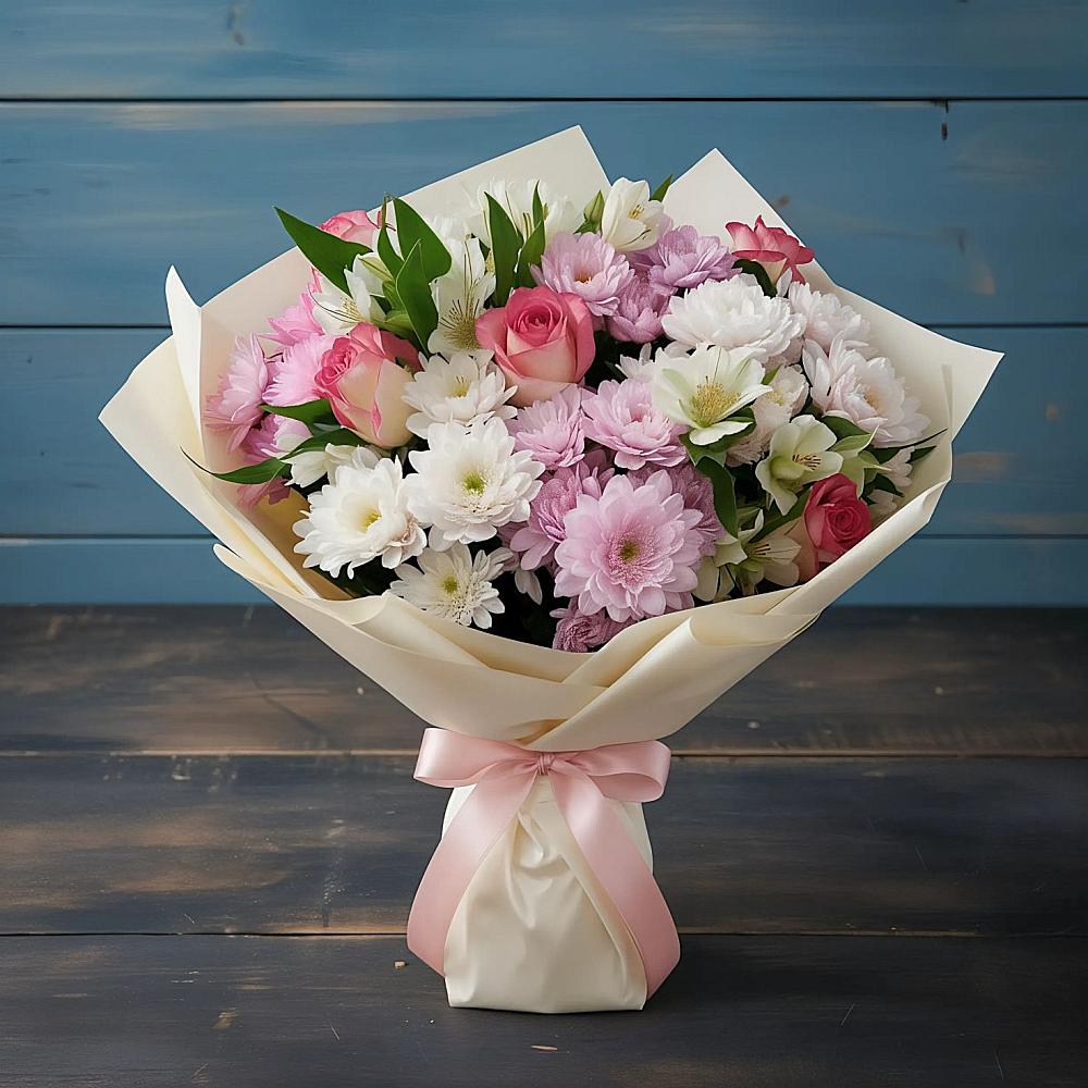 Букет цветов из: Хризантемы, Альстромерии и Розы в Истобном